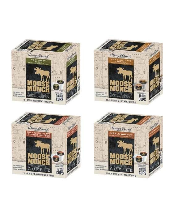 Moose Munch Northwest Blend, Chocolate Caramel, Chocolate Peanut Butter, Maple Walnut 4/18 Ct Boxes 1 Moose Munch Northwest Blend, Chocolate Caramel, Chocolate Peanut Butter, Maple Walnut 4/18 Ct Boxes