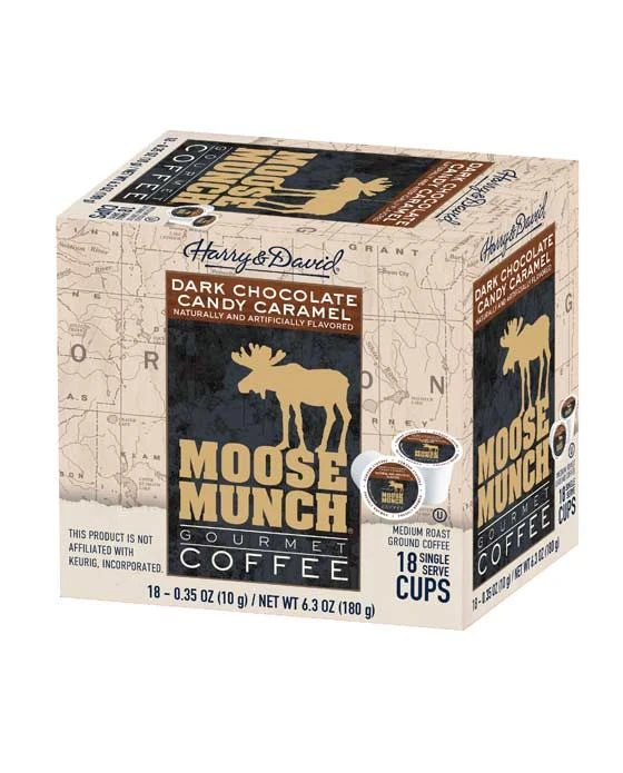 Moose Munch Single Serve Coffee By Harry & David, Dark Chocolate Candy Caramel, 18 Count Box 1 Moose Munch Single Serve Coffee By Harry & David, Dark Chocolate Candy Caramel, 18 Count Box