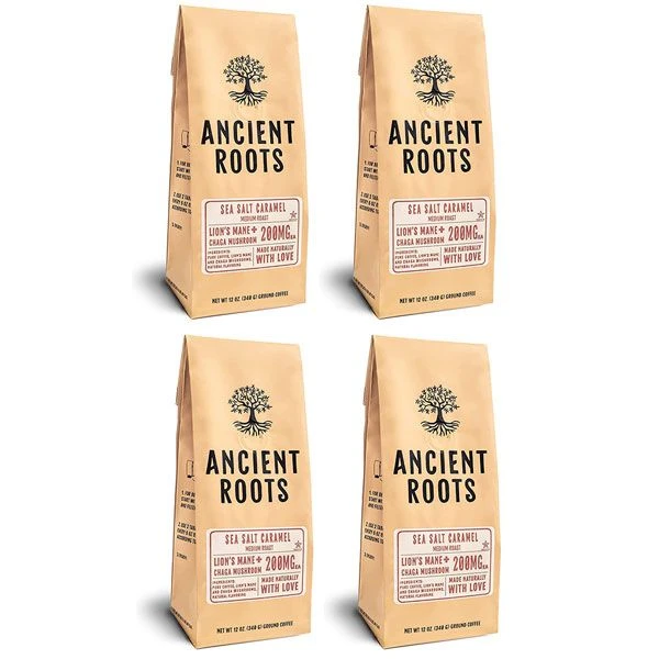 Ancient Roots Sea Salted Caramel Flavored Mushroom Medium Roast Ground Coffee, 4/12 Oz Bags 1 Ancient Roots Sea Salted Caramel Flavored Mushroom Medium Roast Ground Coffee, 4/12 Oz Bags