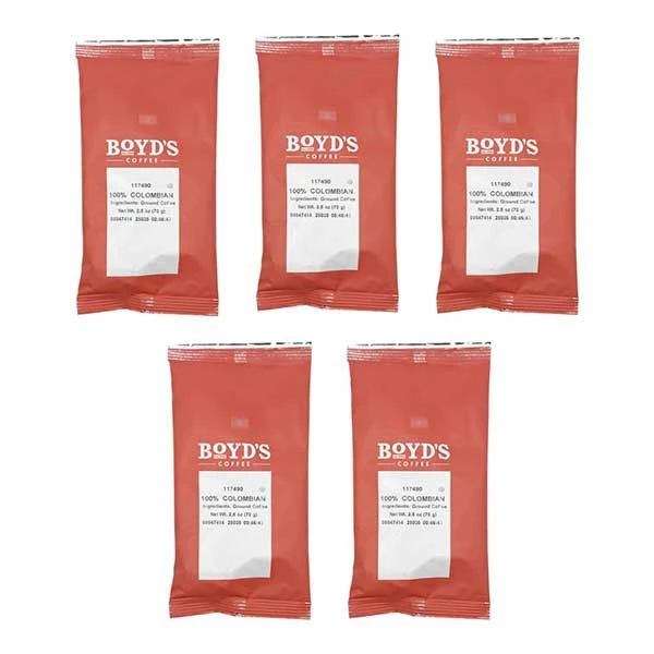 Boyd's 100% Colombian Ground Coffee, Light Roast, 5 Pack – 2.5 Oz Portions 1 Boyd's 100% Colombian Ground Coffee, Light Roast, 5 Pack – 2.5 Oz Portions