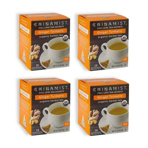 China Mist Full Leaf Tea Sachets, Ginger Turmeric Organic Herbal Tea, 4 Boxes (15 Count Each) 1 China Mist Full Leaf Tea Sachets, Ginger Turmeric Organic Herbal Tea, 4 Boxes (15 Count Each)