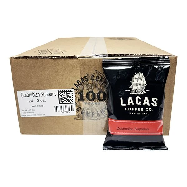 Lacas Coffee Colombian Supremo Ground Coffee, Medium Roast, 24 X 3oz Fractional Packs With Filters 1 Lacas Coffee Colombian Supremo Ground Coffee, Medium Roast, 24 X 3oz Fractional Packs With Filters