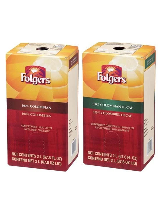 Folgers 2 Liter 100% Colombian Regular And Decaf Liquid Coffee (1 Box Ea.) 1 Folgers 2 Liter 100% Colombian Regular And Decaf Liquid Coffee (1 Box Ea.)