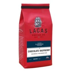 Lacas Coffee Company, Chocolate Raspberry, Medium Fine Ground Coffee, 6/12oz Bags -Koffee Express Sales lacas chocolate raspberry 12oz 1 1